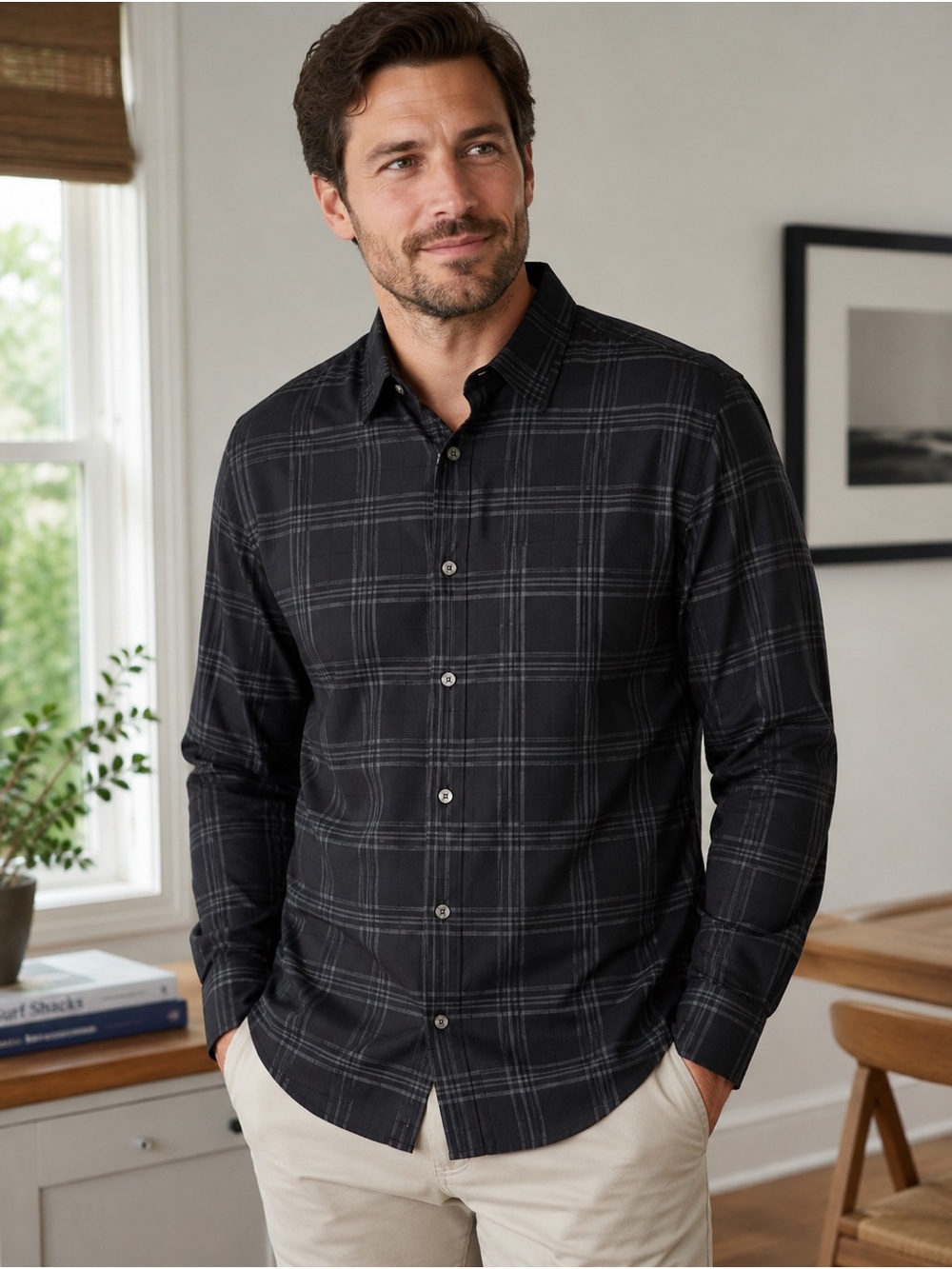 Ted Baker London Men’s Size 7 3XL Black Gray Plaid Stretch Button-Up Shirt
